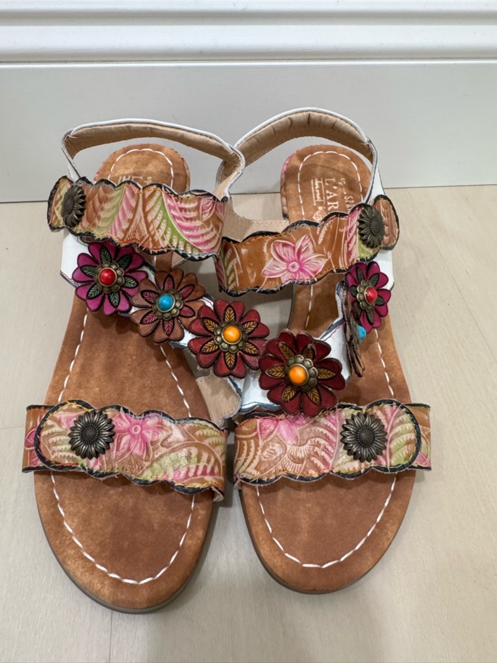 Spring Step White Multicolor Floral Leather Sandals - Picture 5 of 16
